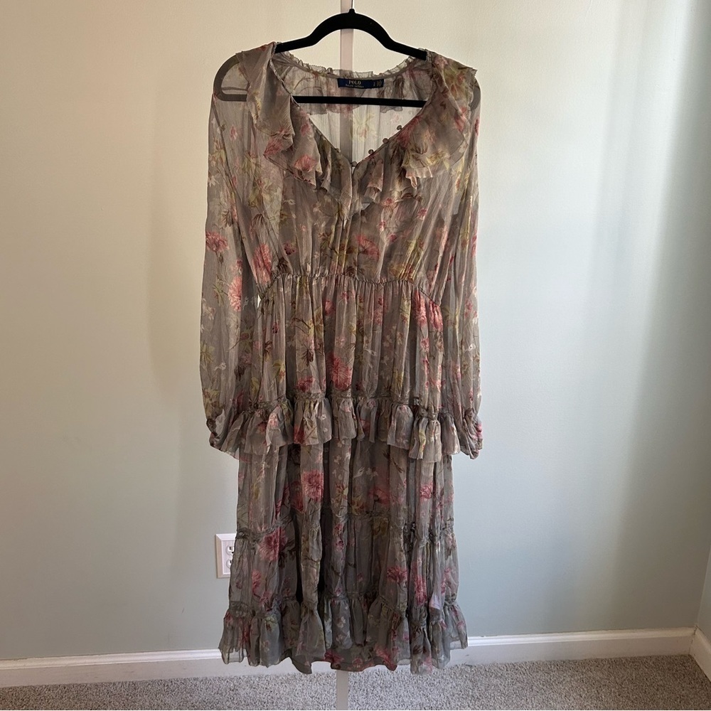 POLO RALPH LAUREN Flower Patterns Silk Flared Medium Elegant Style - Picture 5 of 9